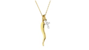 .10 ct. t.w. Diamond Cross and 18kt Gold Over Sterling Italian Horn Pendant Necklace with Sterling Silver