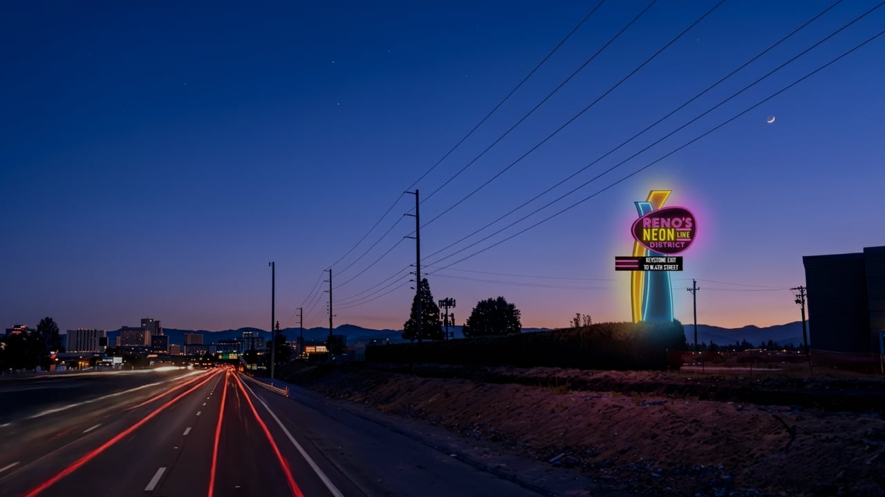 Neon Line District, Reno NV — Jacobs Entertainment. Mixed-use cinematic fly-through animation across streetscape, podium retail, tower massing, and amenity floors.