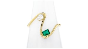.20 Carat Lab-Grown White Sapphire and .20 Carat Lab-Grown Emerald Wavy Ring in 10kt Yellow Gold