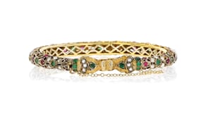 C. 1970 Vintage 3.60 ct. t.w. Ruby and 2.20 ct. t.w. Emerald Double Elephant Head Bangle Bracelet with 2-2.5mm Cultured Pearls i