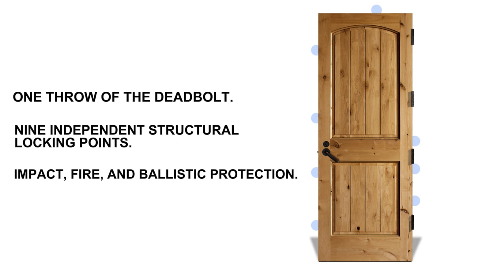 One throw of the deadbolt. Nine independent structural locking points. Impact, fire, and ballistic protection.