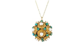 C. 1960 Vintage 4.5mm Cultured Pearl Sphere Pendant Necklace with 3mm Aventurine and Howlite Beads in 18kt Yellow Gold