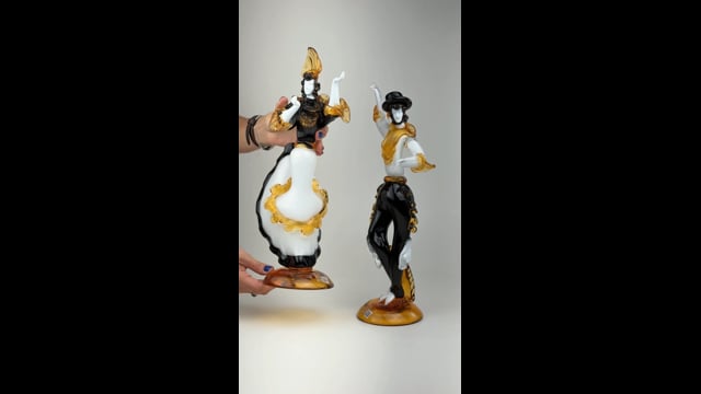 Casal de Dançarinos Espanhóis de Murano Âmbar, Branco e Preto