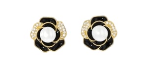 Italian 7mm Cultured Pearl and .20 ct. t.w. CZ Flower Earrings with Black Enamel in 18kt Gold Over Sterling