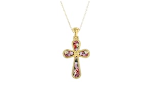 Italian Multicolored Murano Glass Floral Mosaic Cross Pendant in 18kt Gold Over Sterling