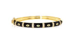 .40 ct. t.w. White Topaz Evil Eye Bangle Bracelet with Emeralds and Black Enamel in 18kt Gold Over Sterling