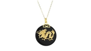 Black Agate Chinese Zodiac Pendant Necklace in 18kt Gold Over Sterling