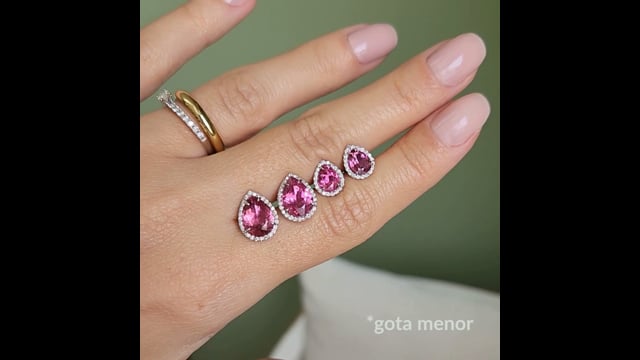 Brinco Gota Turmalina Rosa com Brilhantes em Ouro Branco 18K