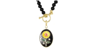 Onyx and Multicolored Enamel Sunflower Charm with White Topaz in 18kt Gold Over Sterling