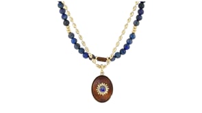 14kt Yellow Gold-Plated Jewelry Set: Two Necklaces with Lapis, Tiger Eye and Wood
