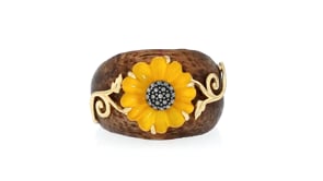 Wooden Sunflower Ring with Yellow Chalcedony and 18kt Gold Over Sterling