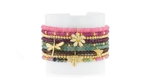 Multi-Gemstone and 14kt Yellow Gold-Plated Jewelry Set: Nine Bead Stretch Bracelets with Nature Charms