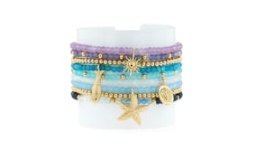 Multi-Gemstone and 14kt Yellow Gold-Plated Jewelry Set: Nine Bead Stretch Bracelets with Sea Life Charms