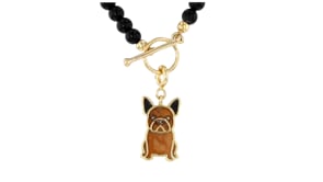 Brown Jasper and Black Enamel French Bulldog Charm in 18kt Gold Over Sterling