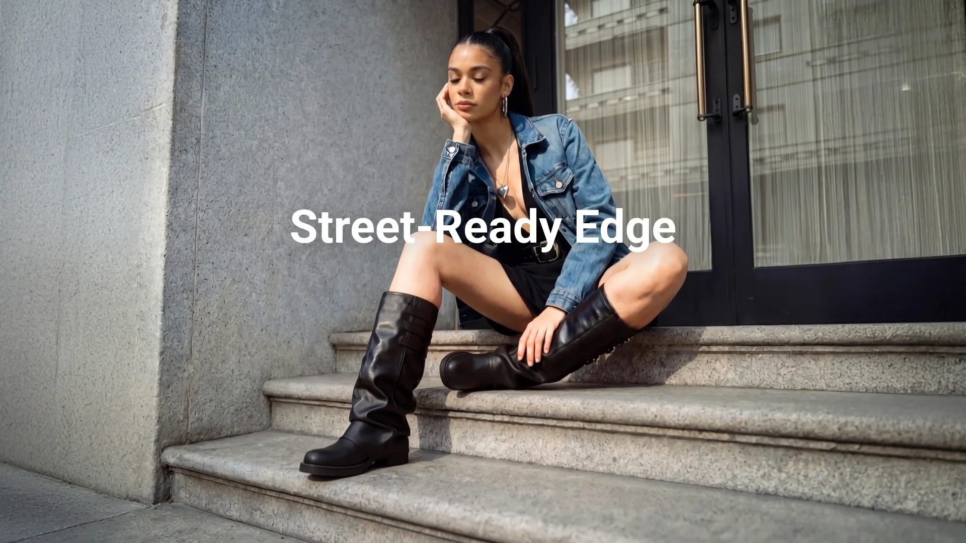 Women's Knee-High Moto Boots | Buckle Square Toe Boots with Fold