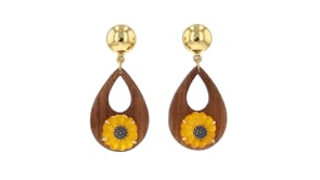 Wooden Sunflower Drop Earrings with Yellow Chalcedony in 18kt Gold Over Sterling