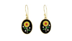 Onyx and Multicolored Enamel Sunflower Drop Earrings with White Topaz in 18kt Gold Over Sterling