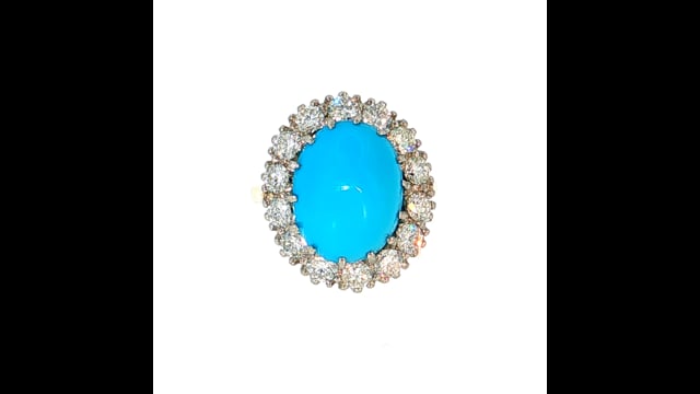 6.62 Turquoise & Diamond Halo Cocktail Ring 18k Two-Tone