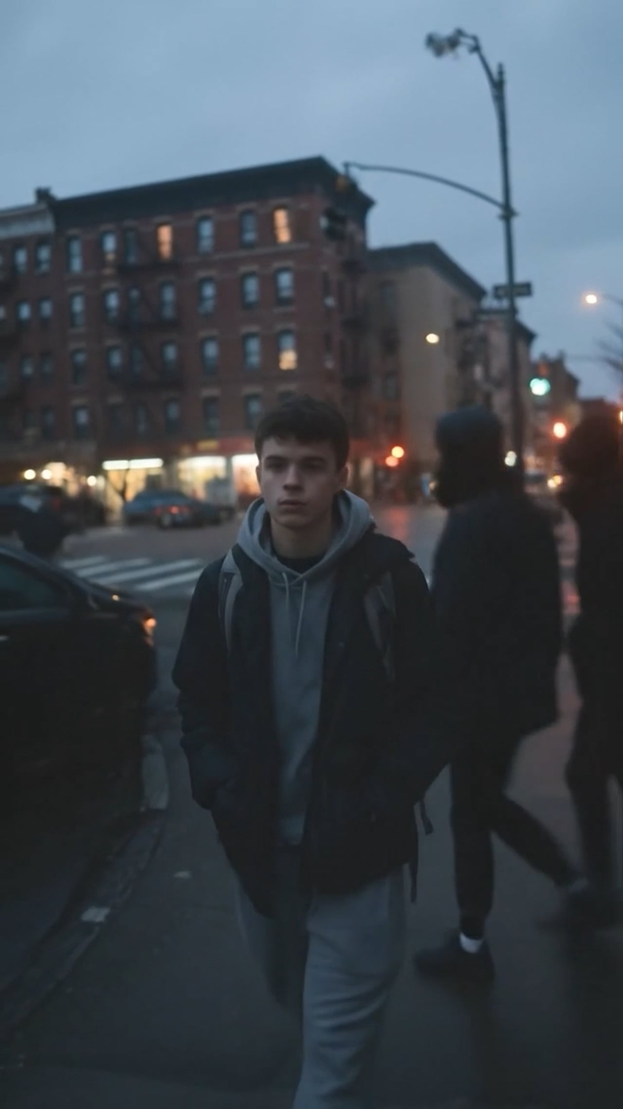 Young man walking through a city street at dusk