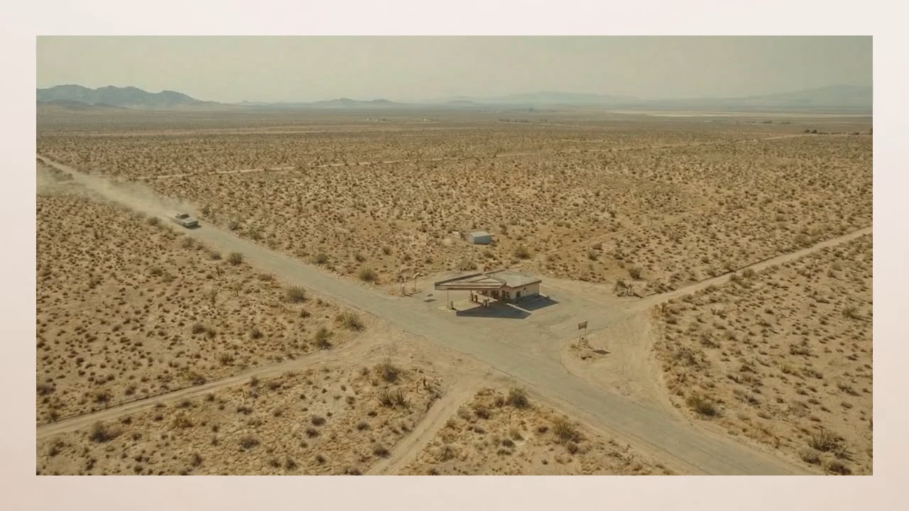 Aerial view of a lone gas station in the desert