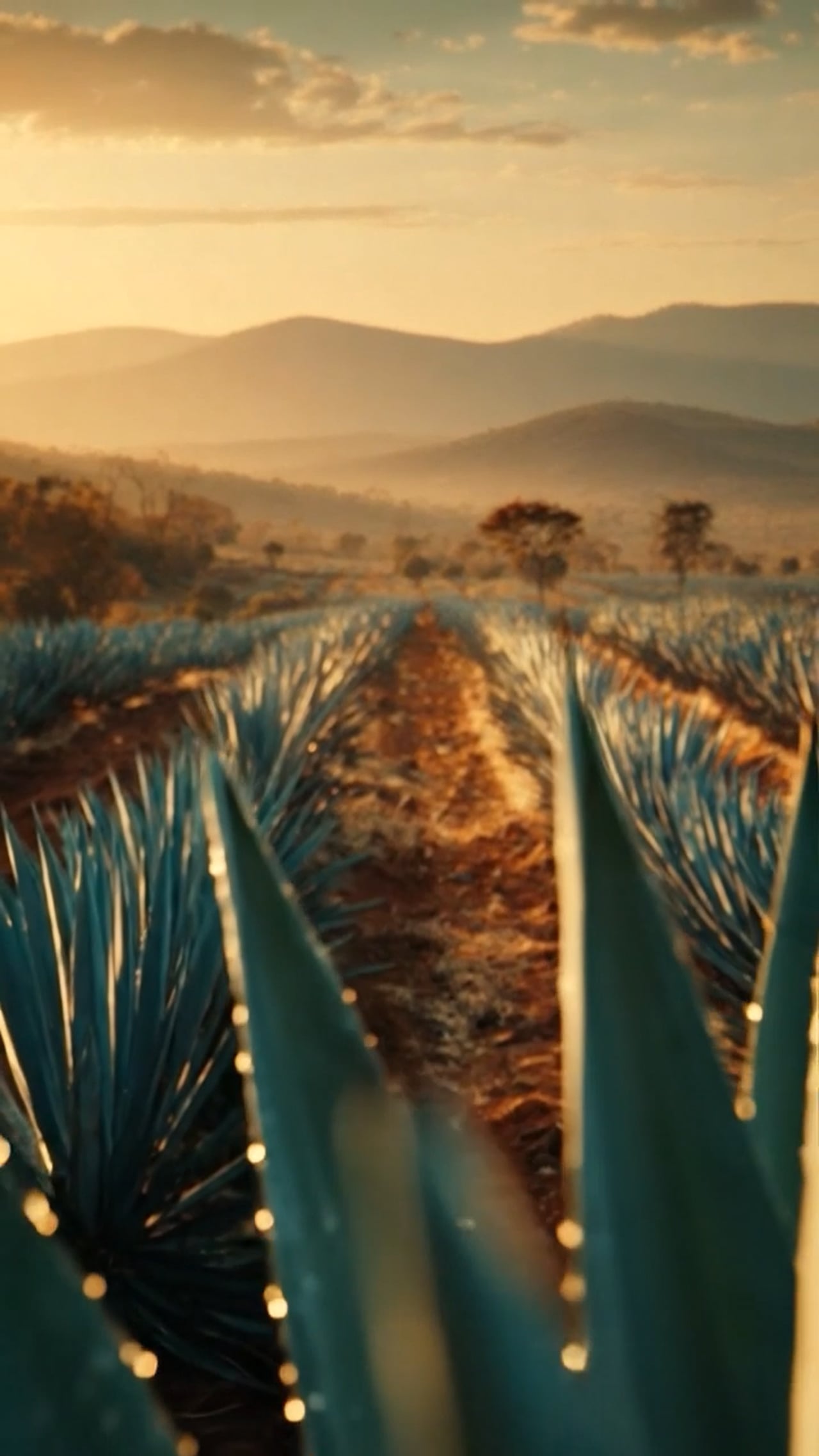 Agave fields at sunrise with mountains in the distance