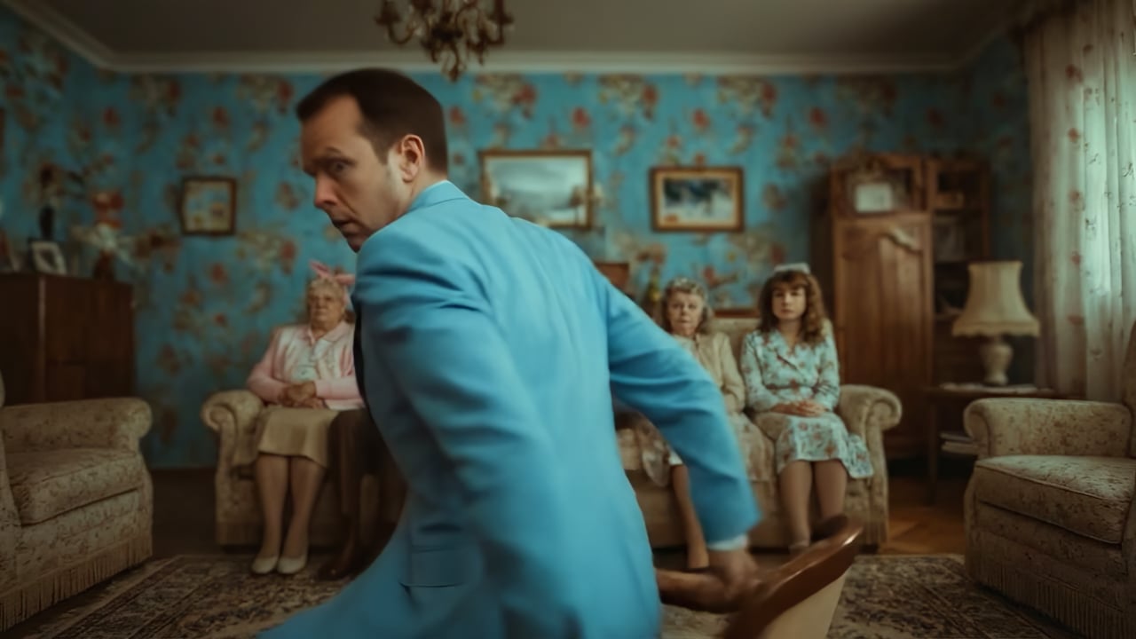 Man in a blue suit mid-turn in a retro floral living room