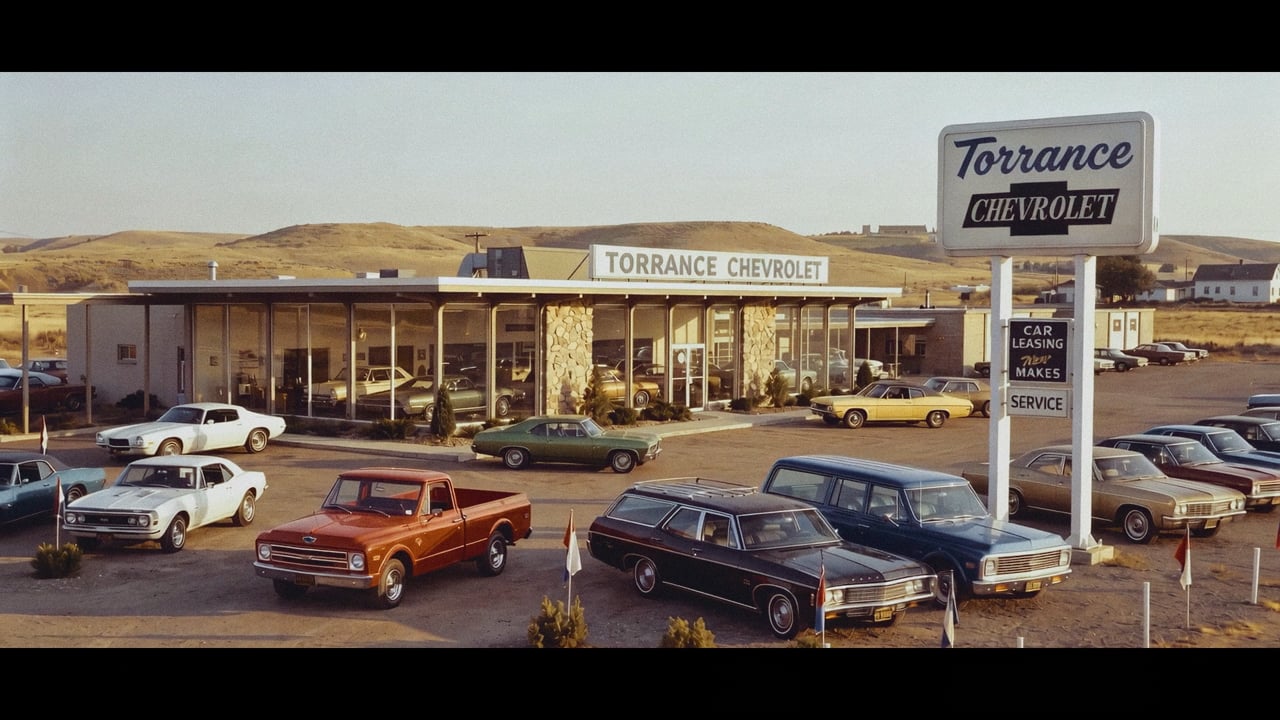 Vintage Chevrolet dealership lot at golden hour