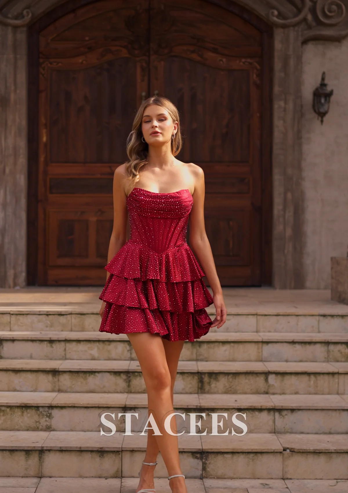 shawna corset fit and flare mini dress STACEES A-line Sparkly Strapless Ruched Ruffle Homecoming S9305H Size:FR 38 - Preorder 241st USMC Ball Medals Style:AP1D104631 Strapless neckline with allover Faux leather