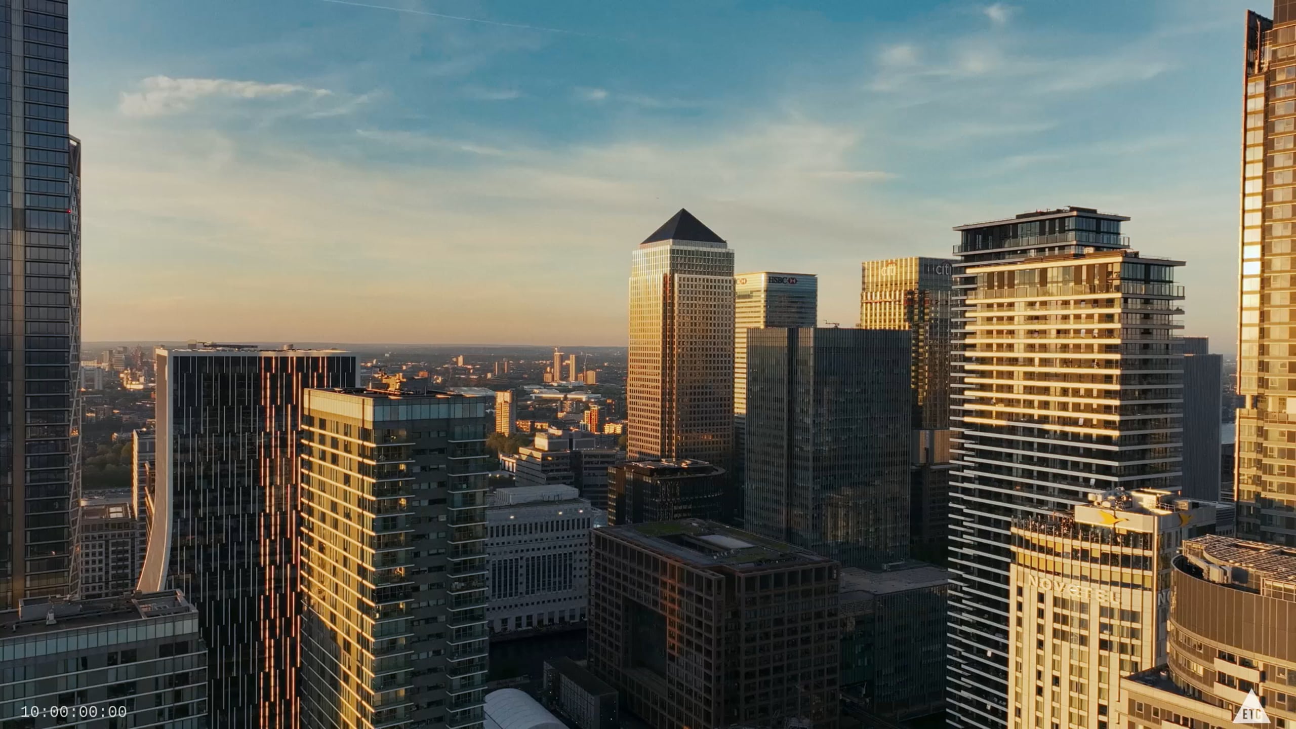Canary Wharf towers at dusk seen from above
