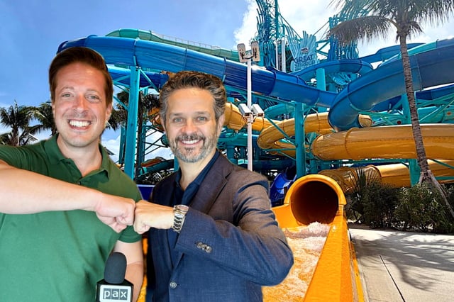 PAX & NCL's Derek Lloyd unpack Great Tides Waterpark at Great Stirrup Cay in the Bahamas