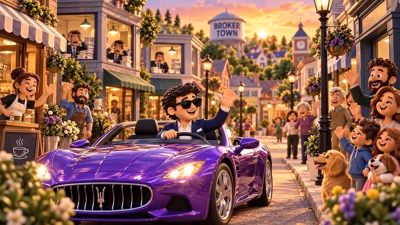 Jack driving through Broker Town in a purple convertible while brokers wave