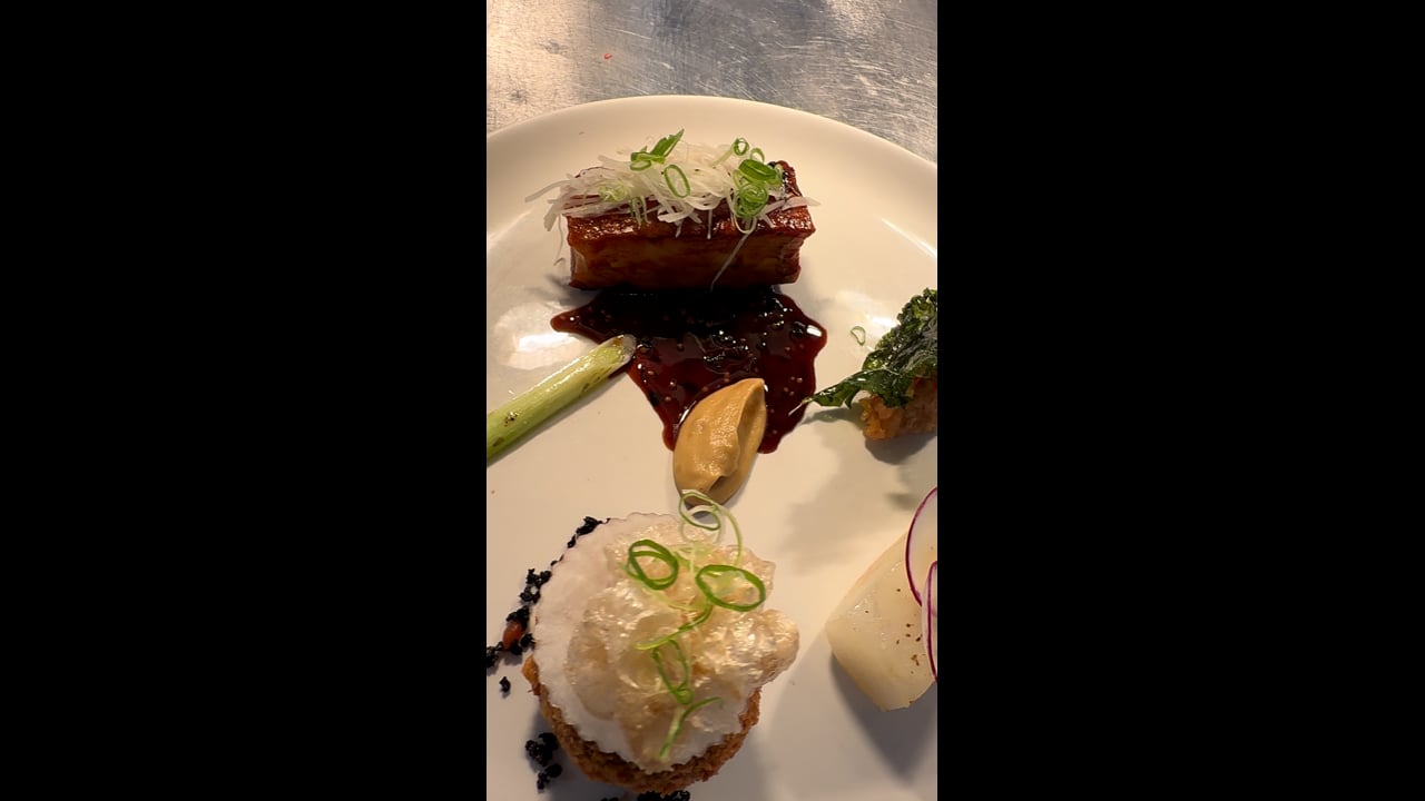 Trio pork  , pork loin, belly , head   A dish made with pork a study on pork.