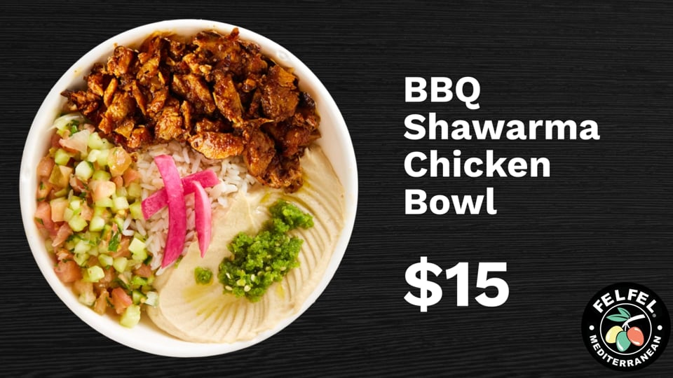 Animated menu video for FelFel's BBQ Shawarma Chicken Bowl, built from menu data