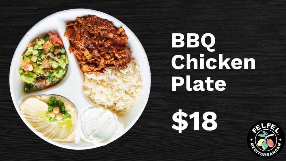 Animated menu video for FelFel's BBQ Chicken Plate, built from menu data