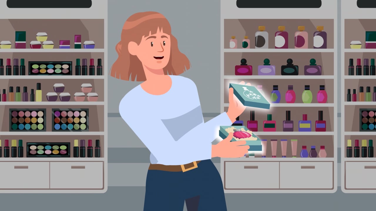 Scene from the LESER film: hands opening a box in front of a shelf of perfume bottles