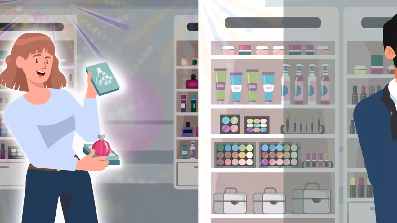 Scene from the LESER film: hands opening a box in front of a shelf of perfume bottles