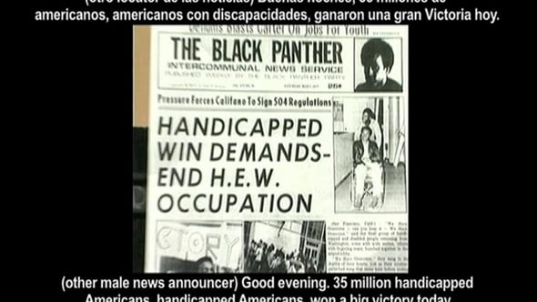 Still from the movie showing an issue of the Black Panther newspaper about the sit-in