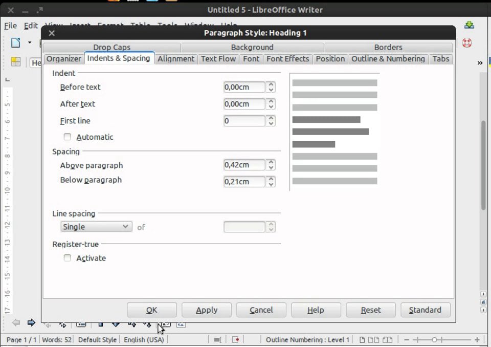 Using headings and creating table of contents in LibreOffice Writer on