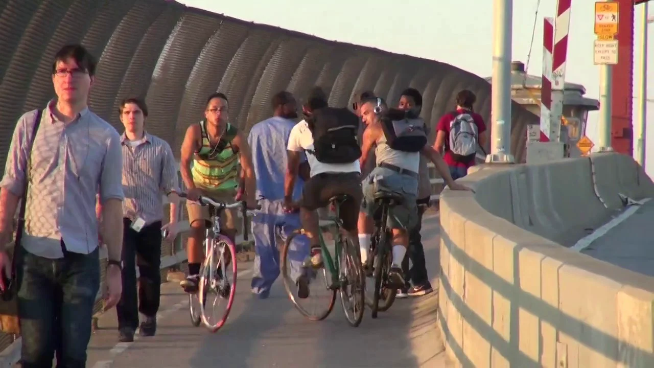 Pulaski Bridge Six Lanes for Cars One Cramped Path for Bikes Peds