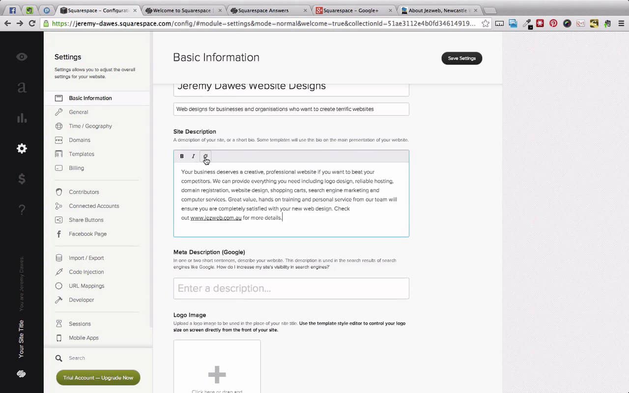 squarespace settings basic information on Vimeo