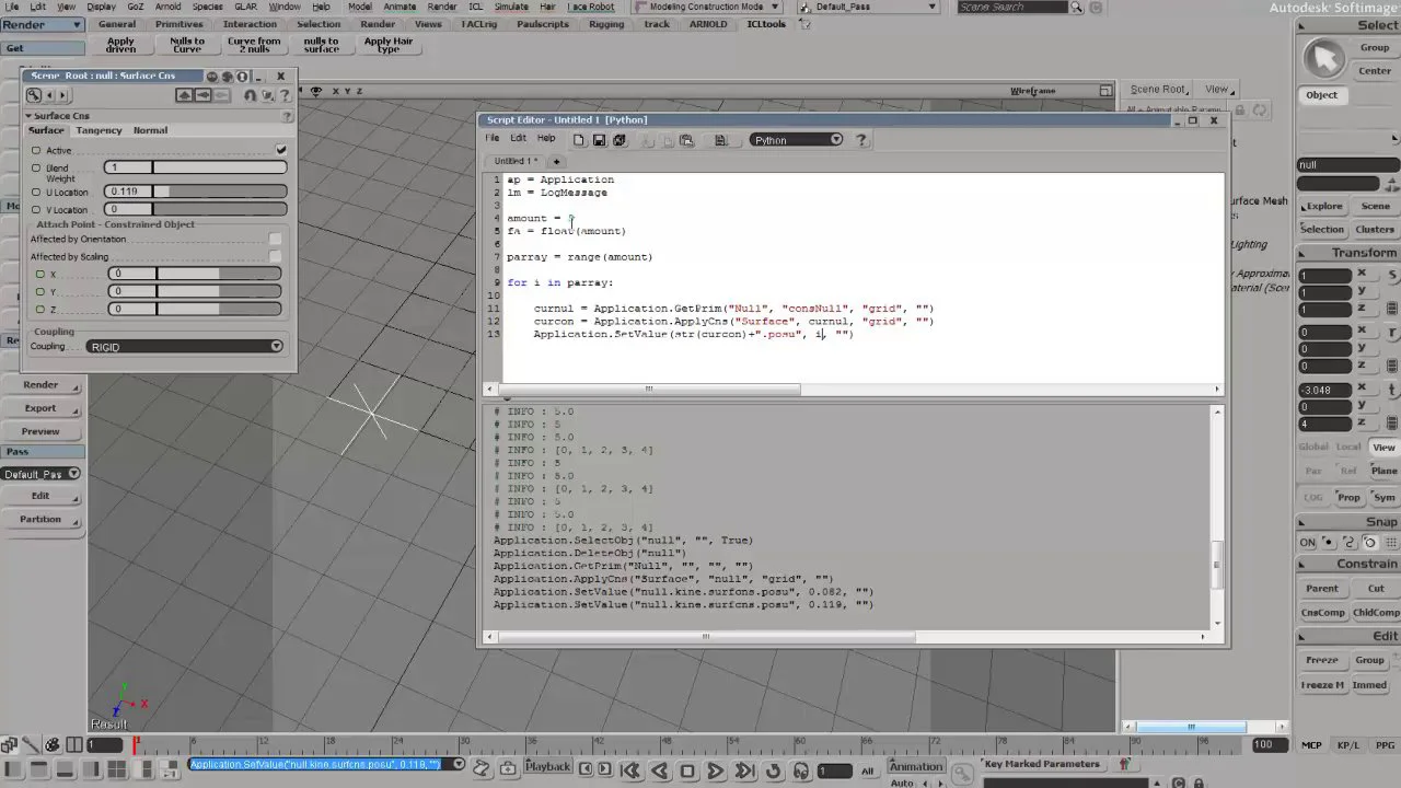 Python scripting introduction in XSI 03 - constrain nulls to surface on ...