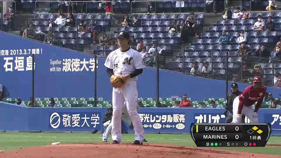 マリーンズ涌井 風速14メートルの強風にも集中力を切らさず、二死1・2塁のピンチ切り抜ける!! 2014/3/18 M-E