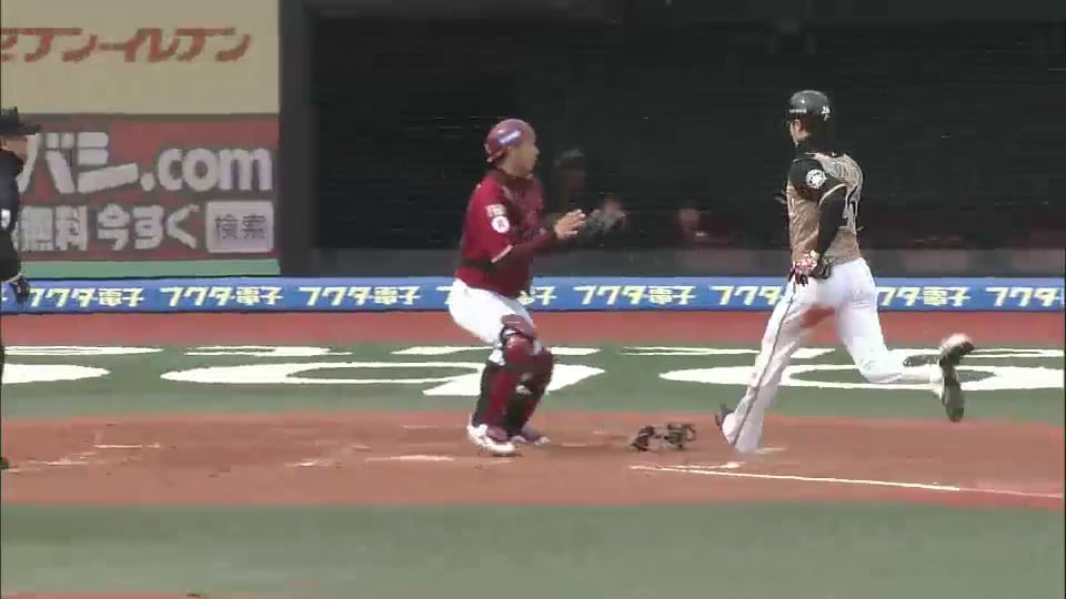3回表 ファイターズ西川が2塁打＋2エラーで一気に本塁生還!! ファイターズが先制!! 2014/4/20 E-F