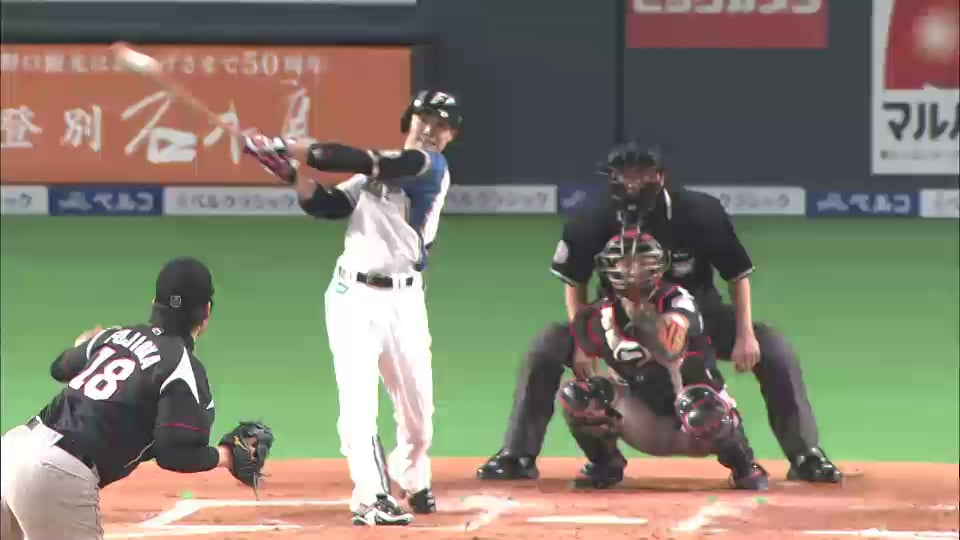 6回裏 ファイターズ西川が痛烈な同点タイムリー2塁打を放つ!! 2014/4/26 F-M