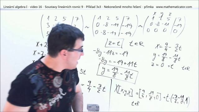 Lineární algebra I - video 16 - Soustavy lineárních rovnic 9 - Příklad 3x3 - Nekonečeně mnoho řešení - přímka