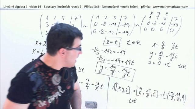 Lineární algebra I - video 16 - Soustavy lineárních rovnic 9 - Příklad 3x3 - Nekonečeně mnoho řešení - přímka