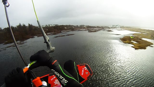 Kiteboarding In A Flatwater Lagoon Created By Heavy Rain, Norway