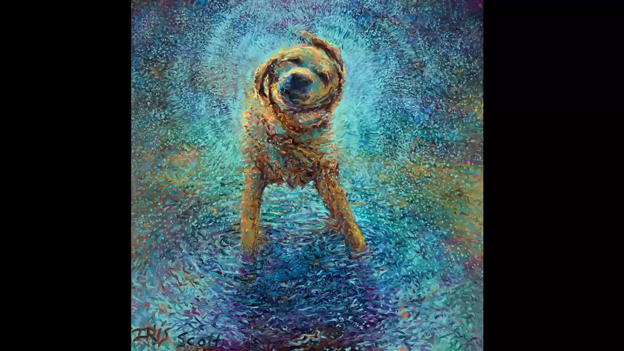 Dog shaking store water off painting