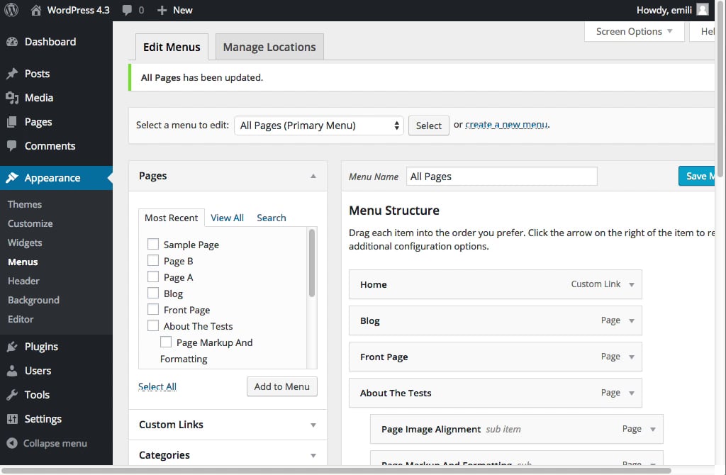 WordPress appearance menus nested menu on Vimeo