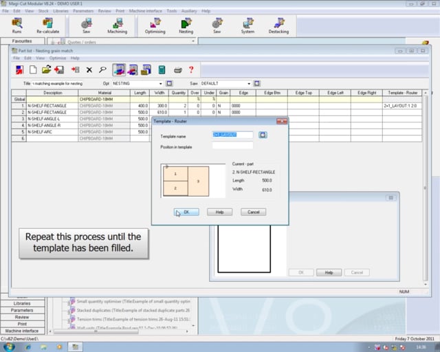 Example of nesting optimisation using a grain match nesting template
